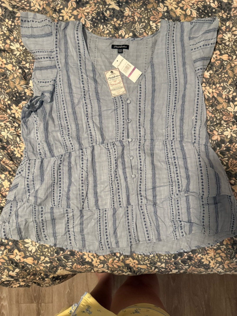 Women’s Light Blue Striped Button-Front Ruffle Hem Blouse